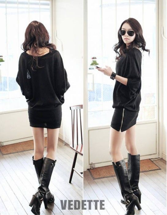 FANCYQUBE CHIC MINI KNIT COTTON DRESS SLIM BLACK S 1316  