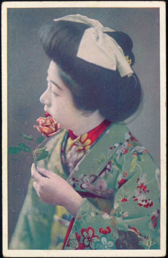 japan, Beautiful GEISHA Lady with Rose, Kimono (1910s)  