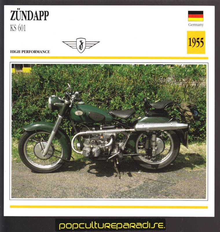 1955 ZUNDAPP KS 601 MOTORCYCLE PICTURE ATLAS SPEC CARD  