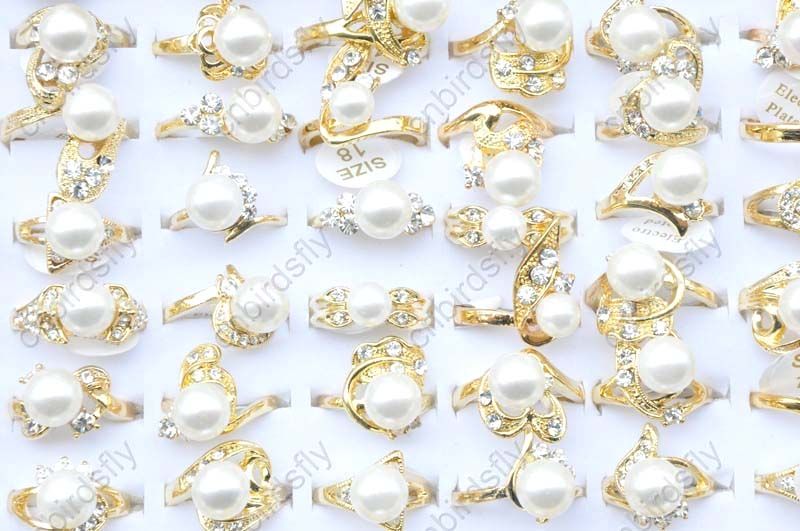 Wholesale lot 50 rhinestone freshwater pearl gold Rings  