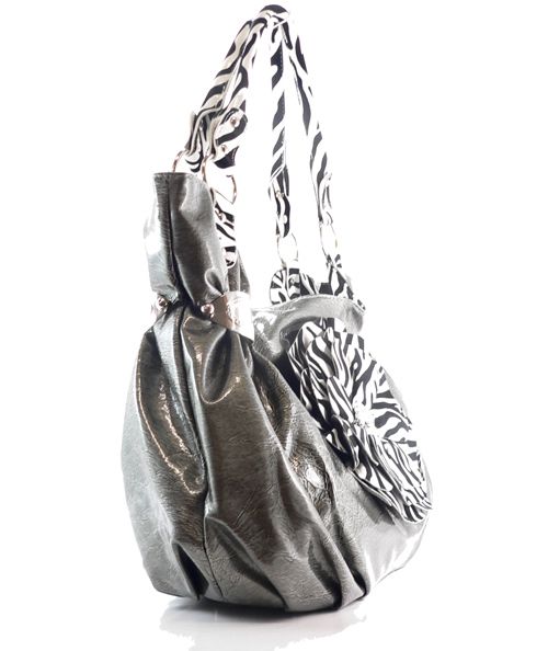 RHINESTONE ZEBRA FLOWER HOBO HANDBAG PURSE PEWTER GRAY  