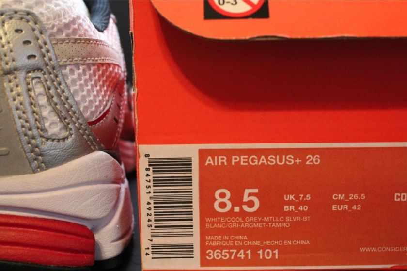Nike Air Pegasus + 26 Sz 8.5 White Cool Grey Red 365741 101   
