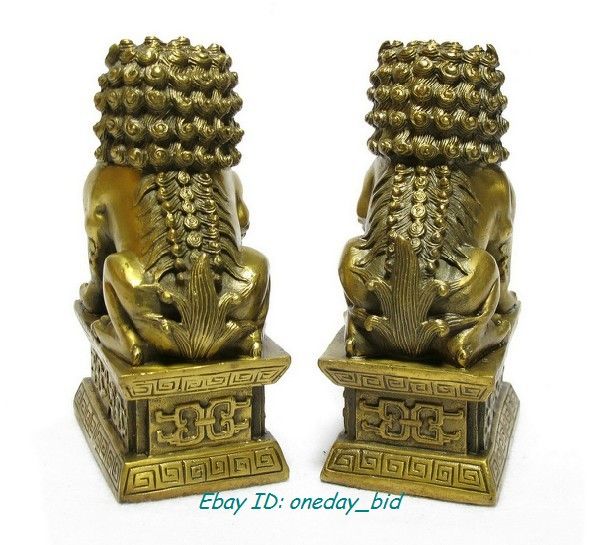 Medium Pair Chinese Bronze Foo Dogs Guardian Lions Statues Figures 6.2 