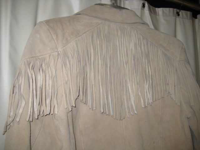 vintage PIONEER WEAR Western LEATHER JACKET w FRINGE sz10 Khaki Tan 