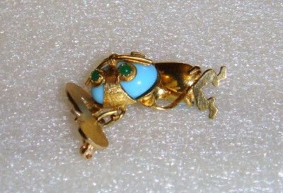 18K 14K ESTATE TURQUOISE CAT PIN BROOCH   LB566  