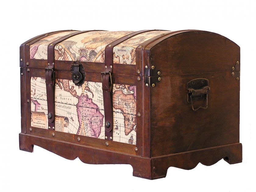 Victorian Old World Map Wood Storage Trunk Wooden Chest  