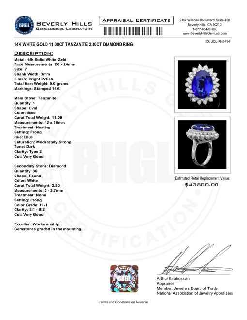 43800 CERTIFIED 14K WHITE GOLD 11.00CT TANZANITE 2.30CT DIAMOND RING 