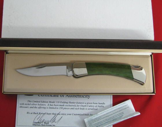 Buck Knife 110 Smooth Green Bone Nickel Silver Limited  