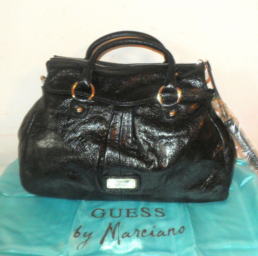 MARCIANO GUESS HANDBAG BLACK GLAZED LEATHER DANE SATCHEL CROSSBODY BAG 