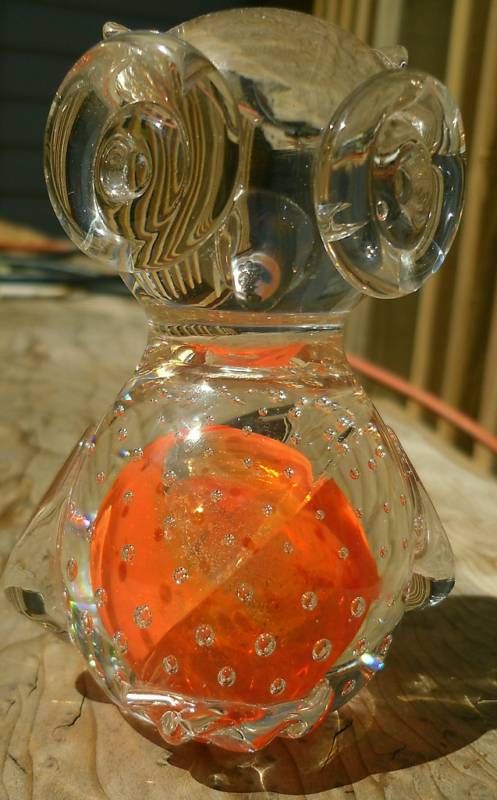 Blown Glass Owl w/Orange Stomach Paperweight  