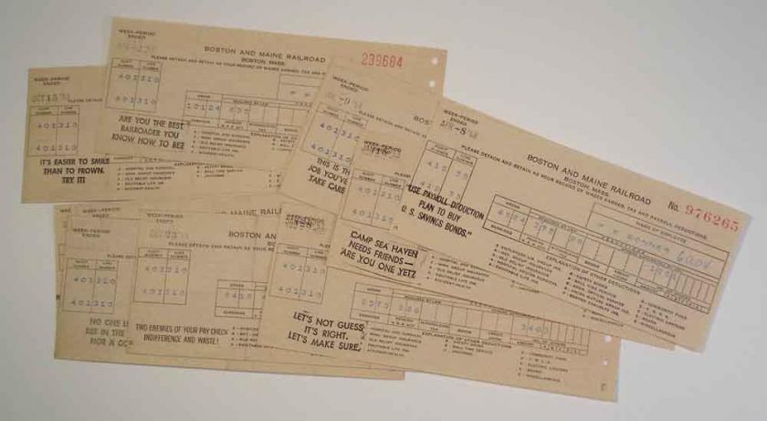 12 Railroad Pay Stubs with Motivational Slogans, c 1950  