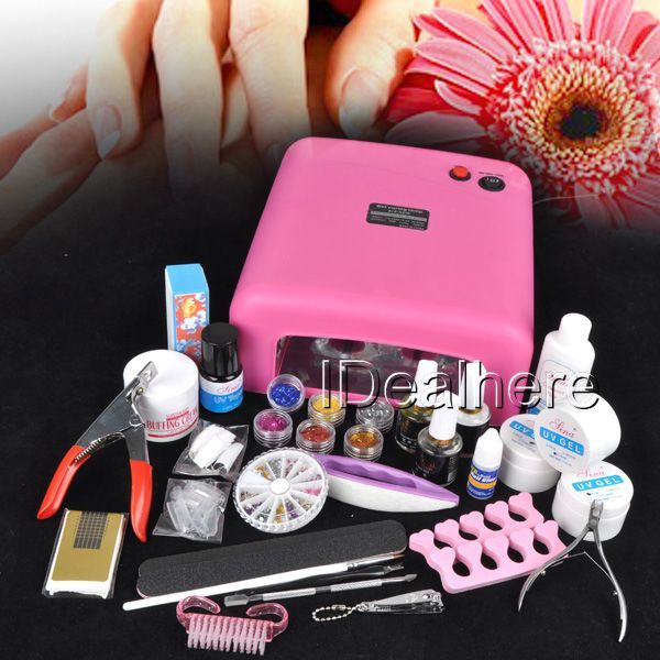 36W UV GEL Pink Lamp NAIL KIT 6 Powder Nail Liquid Gel tools Set 