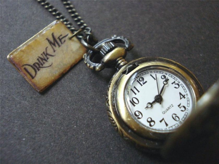 DRINK ME Alice In Wonderland Pocket WATCH LONG Necklace  