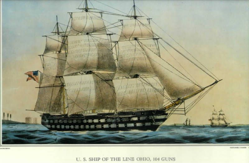 OLD PRINT UNITED STATES SHIP OF THE LINE OHIO 104 GUN  