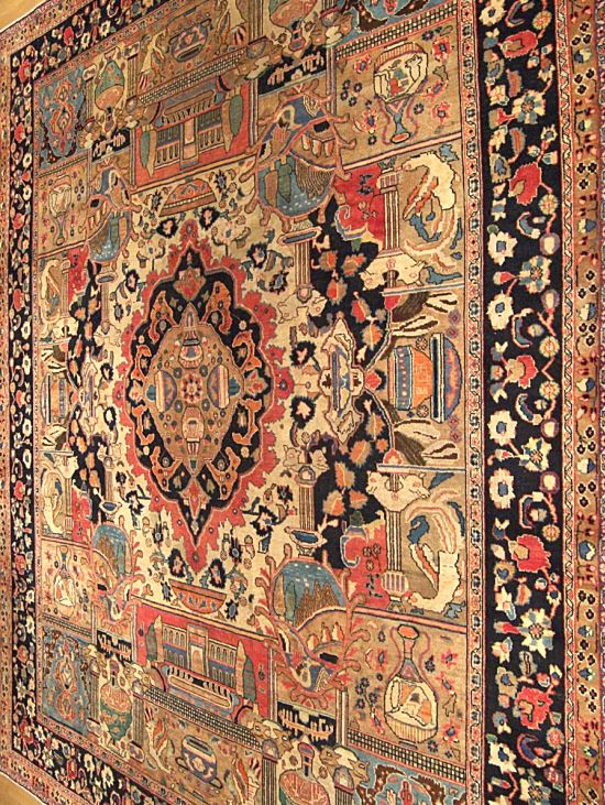   Antique Persian Pictorial Archaeological Kashmar Wool Rug Must See