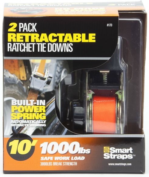 New 2 Pkgs 10 FT 1000 LB Retractable Ratchet Tie Downs  