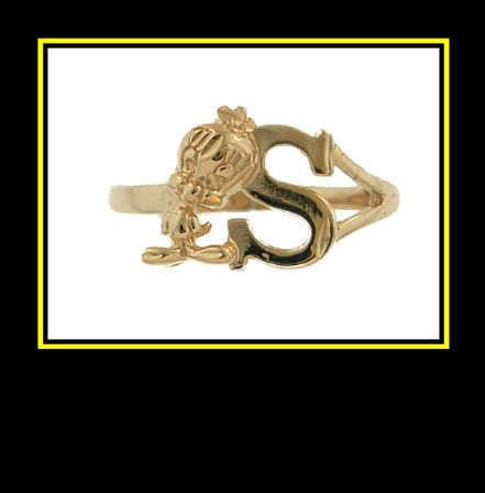 10K Solid Yellow Gold Initial S Tweety Bird Ring  