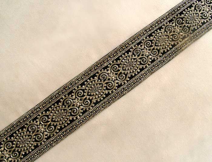 Yards, Wide, Iron On Trim. Gold Embroidered on Black  