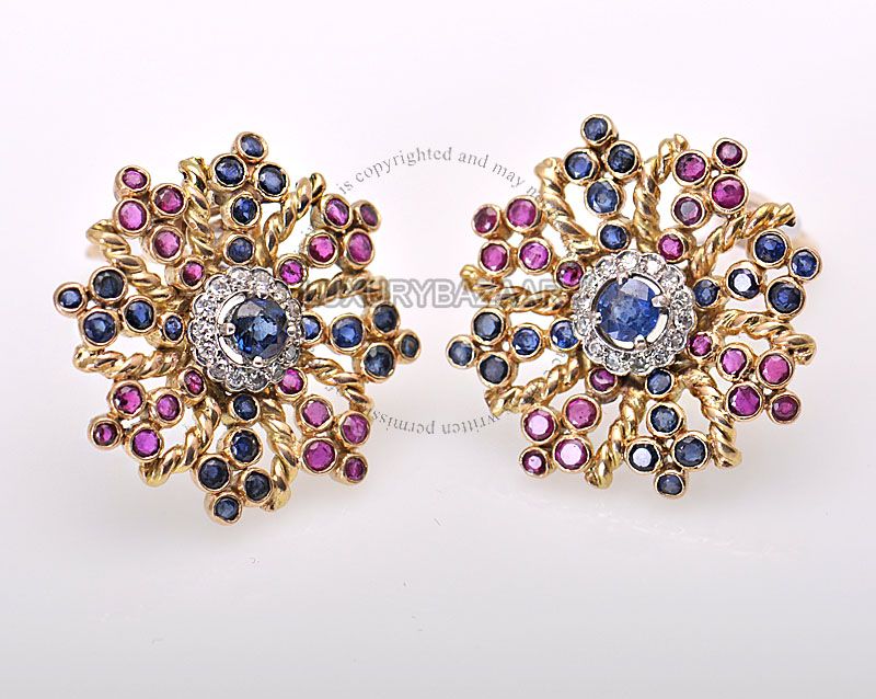 Estate Gold Diamond Ruby Sapphire 1940 Floral Earrings  