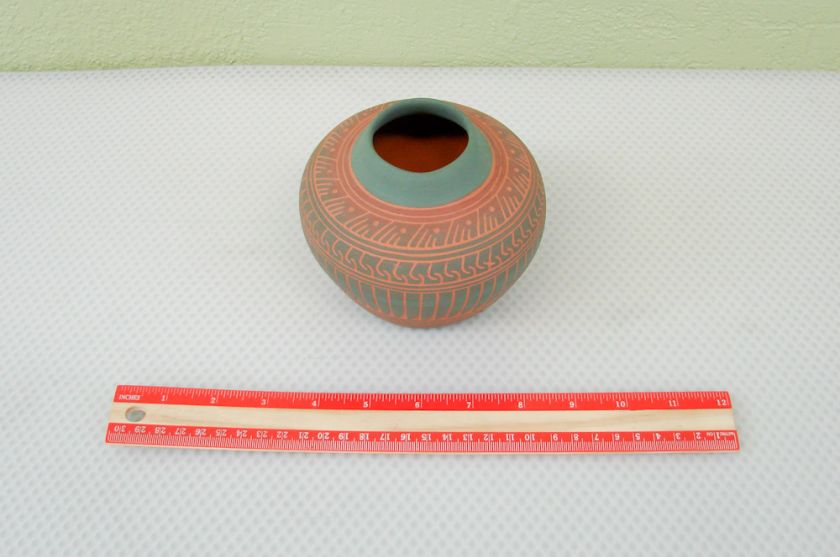 Navajo Small Clay Vase Pot Etched Signed Unique  