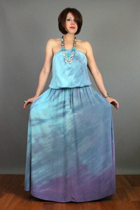   05 OMBRE Draped GODDESS Strapless Grecian Boho SILK Maxi Sun DRESS S L