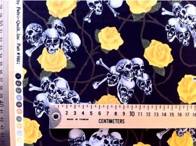 yellow rose skull tattoo punk retro art funky fabric FQ  