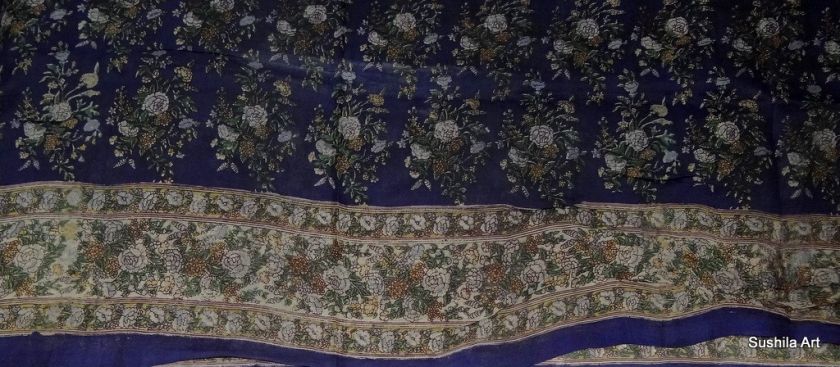  Blue AO Rose Flowers Print Gorgeous Pure Silk Indian Vintage Saree 