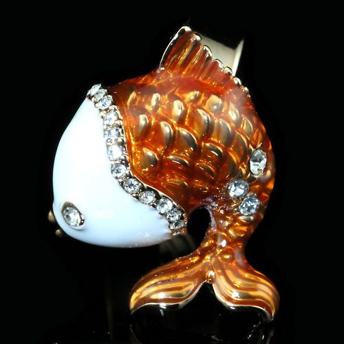 18k GP Orange Enamel with Swarovski Crystal Fish Adjustable Cute Ring 