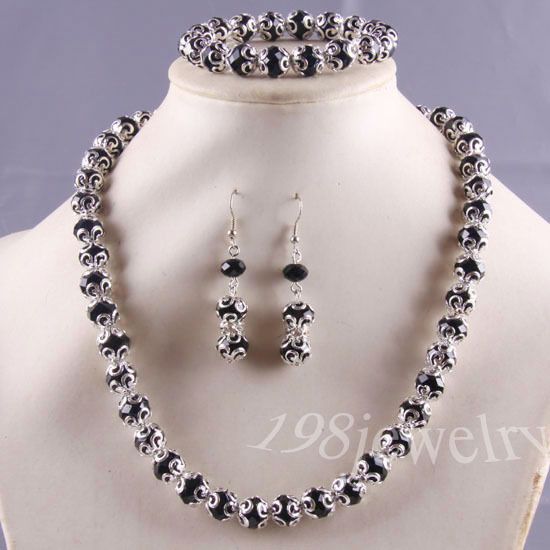 Black Swarovski Crystal Faceted Beads Necklace +Bracelet+ Earrings 