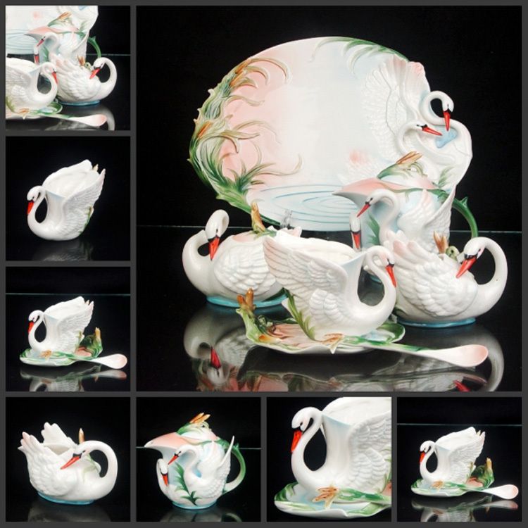 Swan+Coffee+Tea+Set+Platter+Pot+Creamer+Cup+Saucer+Tray  