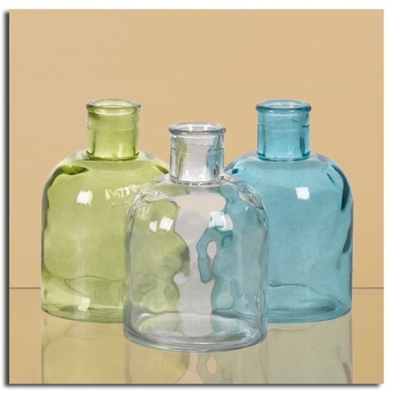 Set 3 Recycled Glass Bottle Shaped Green Blue Gray Flower Vase  