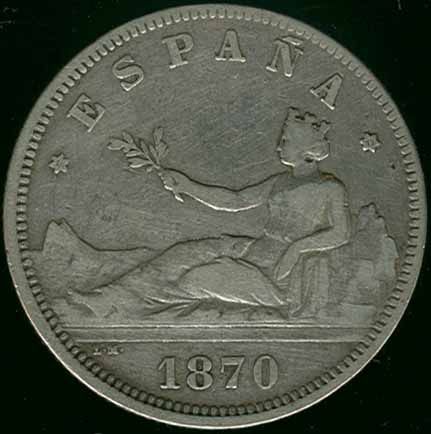 SPAIN RARE BEAUTIFUL 2 PESETAS 1870 (73) HIGH GRADE SILVER COIN  