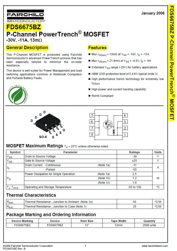 FDS6675BZ MOSFET P CHANNEL 11A 30V  