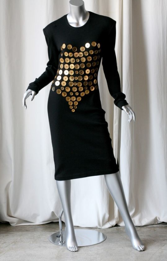 PATRICK KELLY*VINTAGE*Gold Button Heart Jersey Dress 42  