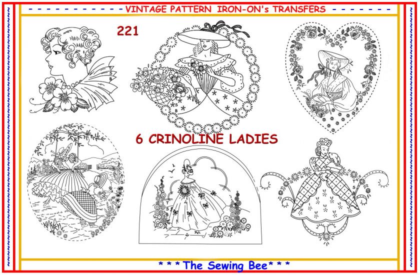 221   6 New Crinoline lady embroidery transfer patterns NEW  