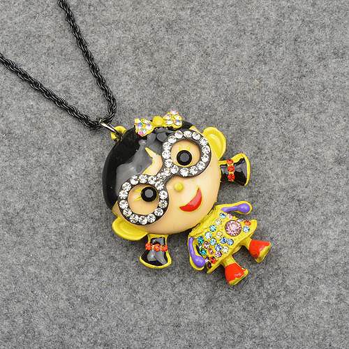 Smoky Black Enamel Cute Girl Swarovski Crystal Glass Pendant Necklace 