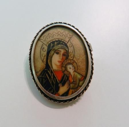 ANTIQUE 800 SILVER HAND PAINTED VIRGIN MARY BABY JESUS BROOCH PENDANT 