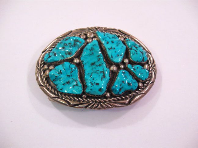 STERLING SILVER BELT BUCKLE WITH 7 LARGE TURQUOISE 175G  