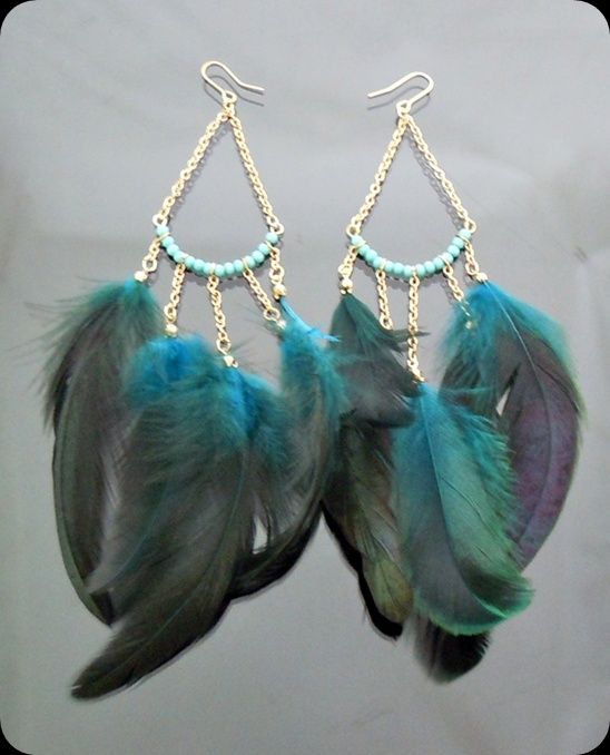 Brazilian st Green Feather Chandelier Earrings Gold GP  