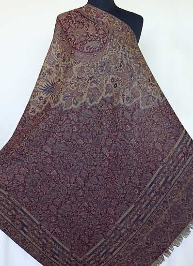 Large Wool, Jamawar Paisley Shawl. Burgundy & Champagne  