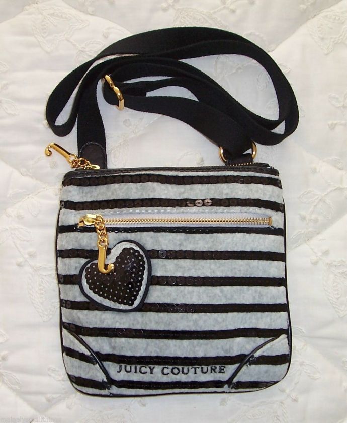 NWT Juicy Couture Velour HEART SEQUIN STRIPE Small Crossbody Bag 