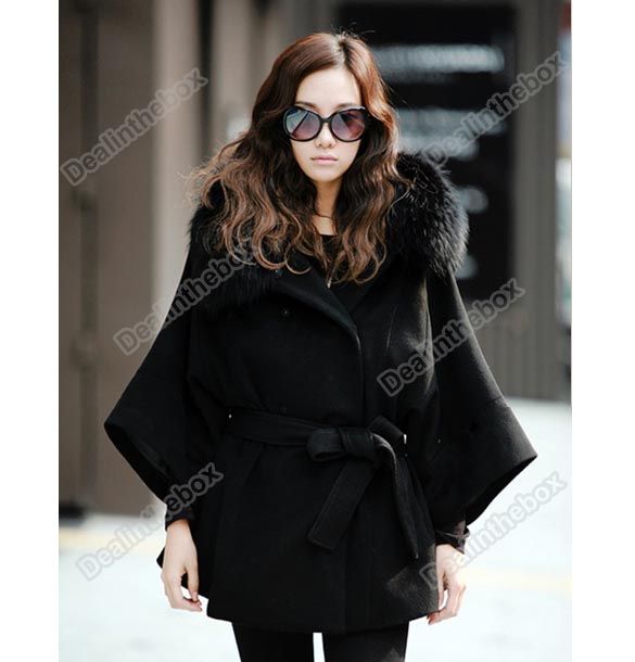   Breasted Coat Fur Collar Wool Blend Long Warm Winter Outwear BLK