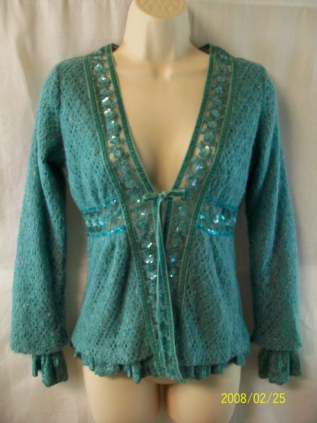 HAZEL teal wool blend & lacy tie cardigan sweater S  