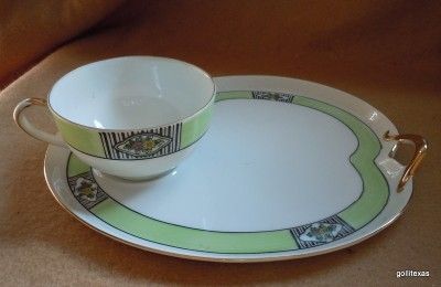 Antique Free Form Snack Set Noritaki Green M Backstamp Cup & Plate 