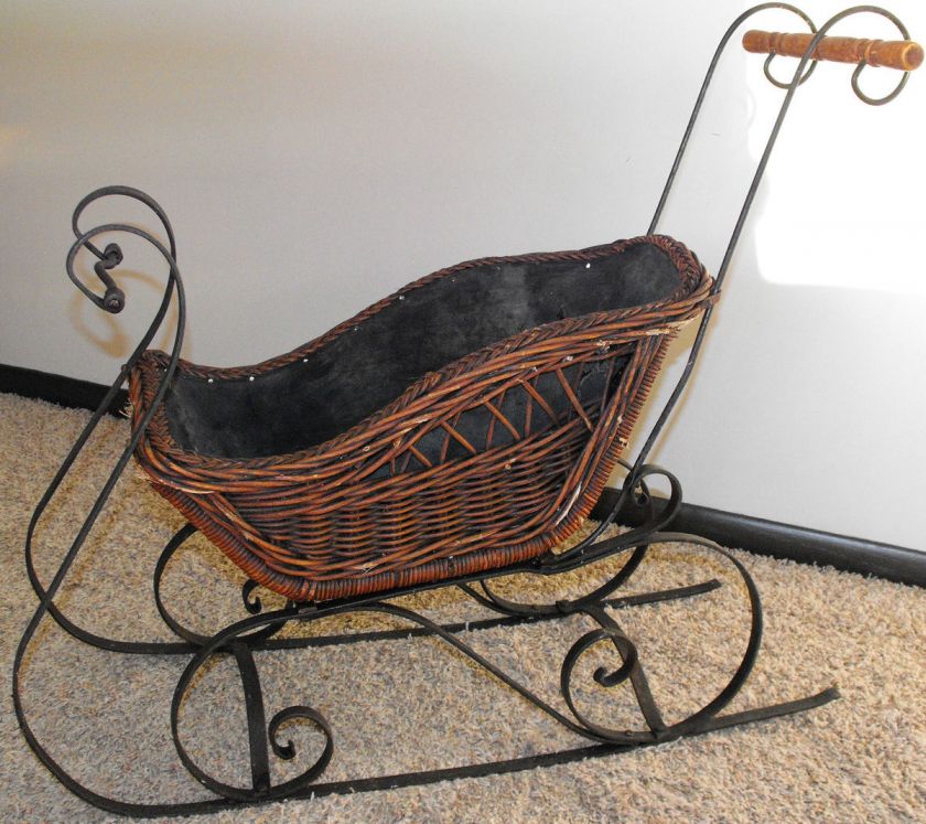 Antique Rattan/Wicker & Metal Child Baby Sleigh/Sled Iron rails. 31 x 