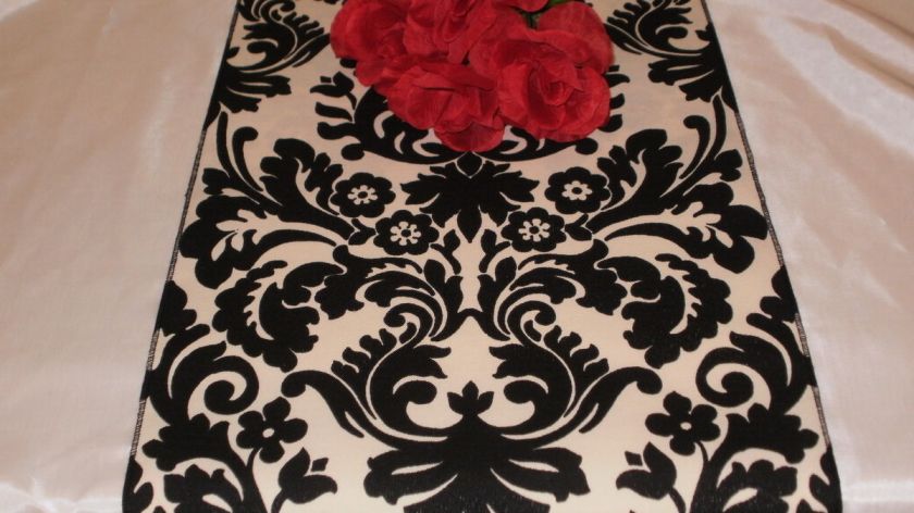 Damask Black & Ivory Cream White Table Runner Onyx 72  