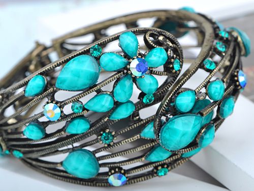   Jeweled Metallic Blue Crystal Rhinestone Flower Cuff Bangle Bracelet