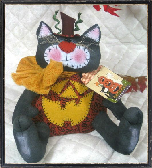 Primitive Halloween Black Pumpkin Jack O Cat Shelf Sitter~  