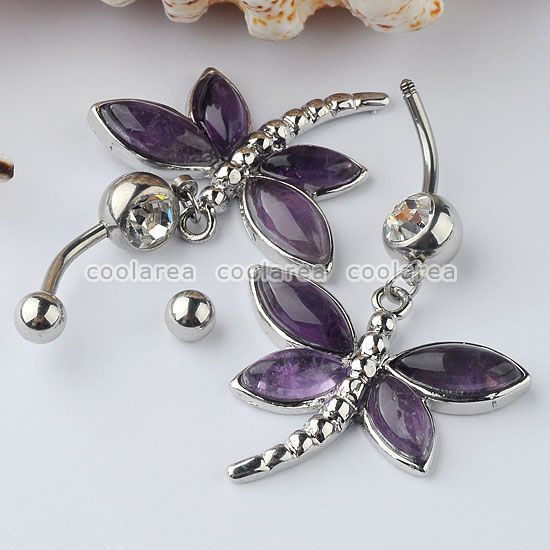   Steel Amethyst Dragonfly Dangle Body Belly Navel Ring Piercing  