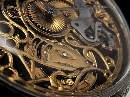   1925 0MEGA FACTORY Vintage SKELETON Watch GOLD SHARK ENGRAVED  